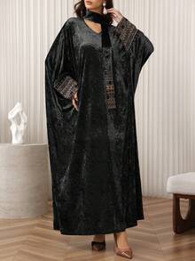 Al Najma 优雅丝绒刺绣拼接袖宽松休闲长款束腰上衣 - 黑色 - 查看 6