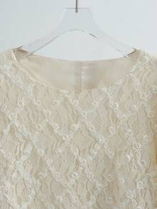 SHEIN Franclia Women's Ivory Lace Crochet Long Sleeve Blouse Lace Top Long Sleeve Lace Blouse Lacey Top Puffy Sleeve Top White Top - Apricot - View 3