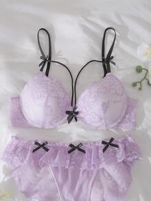 DelicateAllure Set de 2 sujetadores con aros y relleno, push up, con bloqueo de color, parches de encaje, volantes, encaje floral, lindo y fresco conjunto de lencería cómoda tipo balconette para mujeres - Púrpura malva - Ver 6