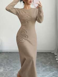 Selianne Đầm dệt kim ôm dáng cổ tròn tay dài họa tiết hoa trơn màu dành cho nữ, mùa thu/đông - Màu Khaki - Xem 3