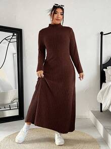 SHEIN EZwear 大码巧克力棕色立领长袖休闲舒适罗纹针织连衣裙 - 巧克力棕 - 查看 3