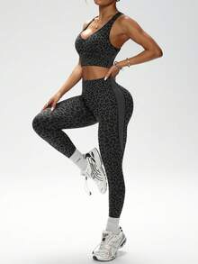 Slayform 1 Set Women Leopard Print Twist V-Neck Tank Top And Leggings Yoga Workout Running Sports Suit - Black - View 3