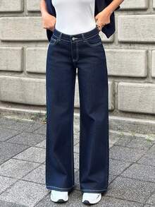 SHEIN PETITE PETITE LOW WAIST DARK WASH STRAIGHT JEAN - Dark Wash - View 3