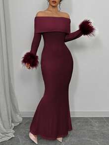 Elenzga 女士纯色简约休闲露肩连衣裙，流苏袖口装饰长款女装 - 酒紅色 - 查看 7