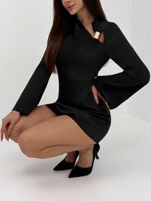 Aloruh Black Gold,Winter,Seksi Chic,Night Out Black Satin Minimalist Metal Decor Long Flare Sleeve Fitted Mini Dress,Elegant Party Office Outfit For Women - Black - View 7