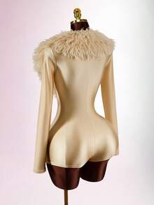 Amplova 女士毛绒连体衣，人造毛领拼接深V领长袖紧身连体裤 - 彩色 - 查看 7