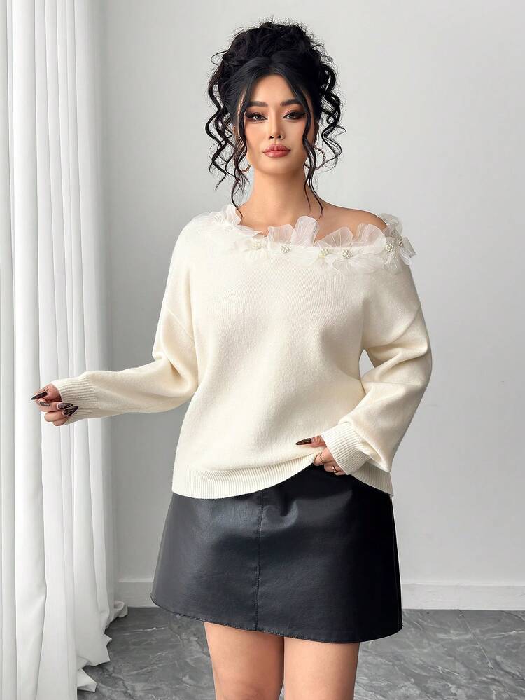 Dazy Plus Plus Size Women 3D Floral Decor Loose Fit Off-Shoulder Pullover Sweater, Suitable For Dates, Autumn/Winter