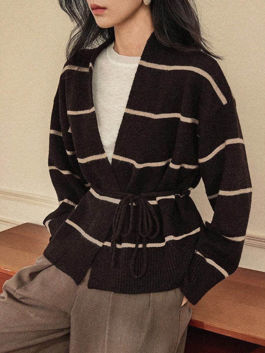 Dazy-Less 休闲撞色条纹裹身开衫，秋冬商务休闲女装 - 棕色 - 查看 1