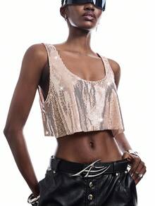 LYSMO Women's Fashionable Sexy Sequin Cropped Camisole - Khaki - View 1