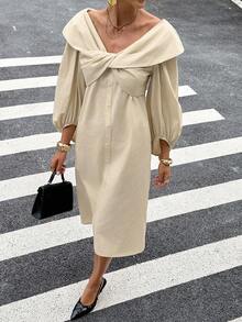 Siren Gaze 女士优雅通勤扭结灯笼袖中长连衣裙 - 卡其色 - 查看 3