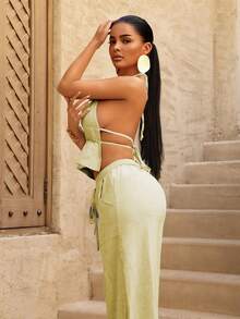 Sirith 女士度假纯色荷叶边吊带上衣和阔腿裤两件套 - 杏色 - 查看 6