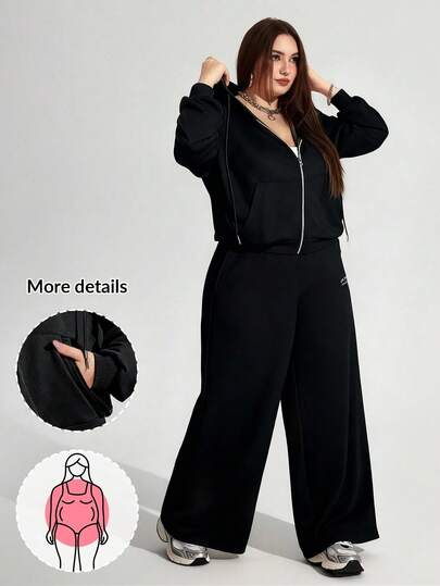 Enliva Plus Size Women's Sweatshirt And Sweatpants Set, Loose Hoodie And Sweatpants Casual Sports Set, Lettering Print And Pocket Details Fall Clothes For Women, Winter, CURVE PLUS, For Apple Rounded Body Shape
