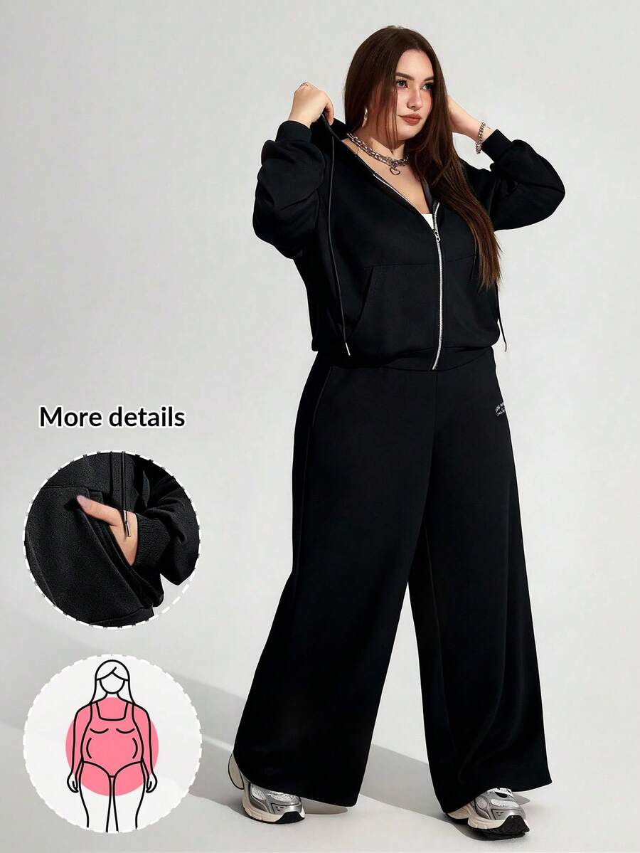 Enliva Conjunto de moletom e calça de moletom plus size feminino, conjunto esportivo casual folgado com capuz e calça de moletom, estampa de letras e detalhes de bolso, roupas de outono e inverno para mulheres, CURVE PLUS, para corpo tipo maçã/arredondado - Preto - Ver 1