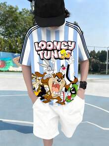 LOONEY TUNES X SHEIN Tween Boy Summer Casual Striped Letter & Cartoon Graphic Short Sleeve T-Shirt - White - View 6