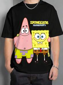 SpongeBob SquarePants | SHEIN 青少年男孩休闲卡通图案短袖T恤，适合夏季 - 黑色 - 查看 5