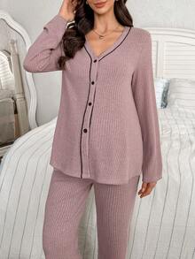 Moonlight&Mama 孕妇针织开衫、吊带背心和裤子三件套家居服套装，简约设计 - 粉色 - 查看 7