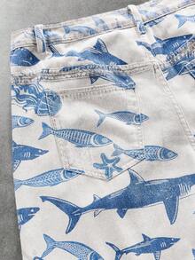 ROMWE MEN Street Life Men's Letter & Fish Print Straight Leg Jeans - Blue - View 5