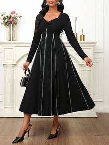 SHEIN Lady Women's Elegant Party Seam Pleated Mid-Length Dress - Black - View 3