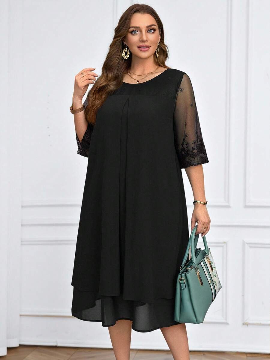 Miaspire 加大码蕾丝拼布圆领简约休闲优雅连衣裙女夏装朴素连衣裙婚礼宾客礼服女式蕾丝雪纺 - 黑色 - 查看 1