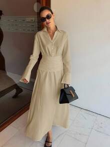 Siren Gaze 2025秋季女装新品必备——复古风纽扣衬衫裙，长袖，棉麻混纺，透气舒适，有内衬，不透光，优雅通勤装，适合商务休闲、工作、教师、日常穿着，也是秋季婚礼宾客和夜间外出的完美之选，2025秋季时尚必备单品 - 卡其色 - 查看 7