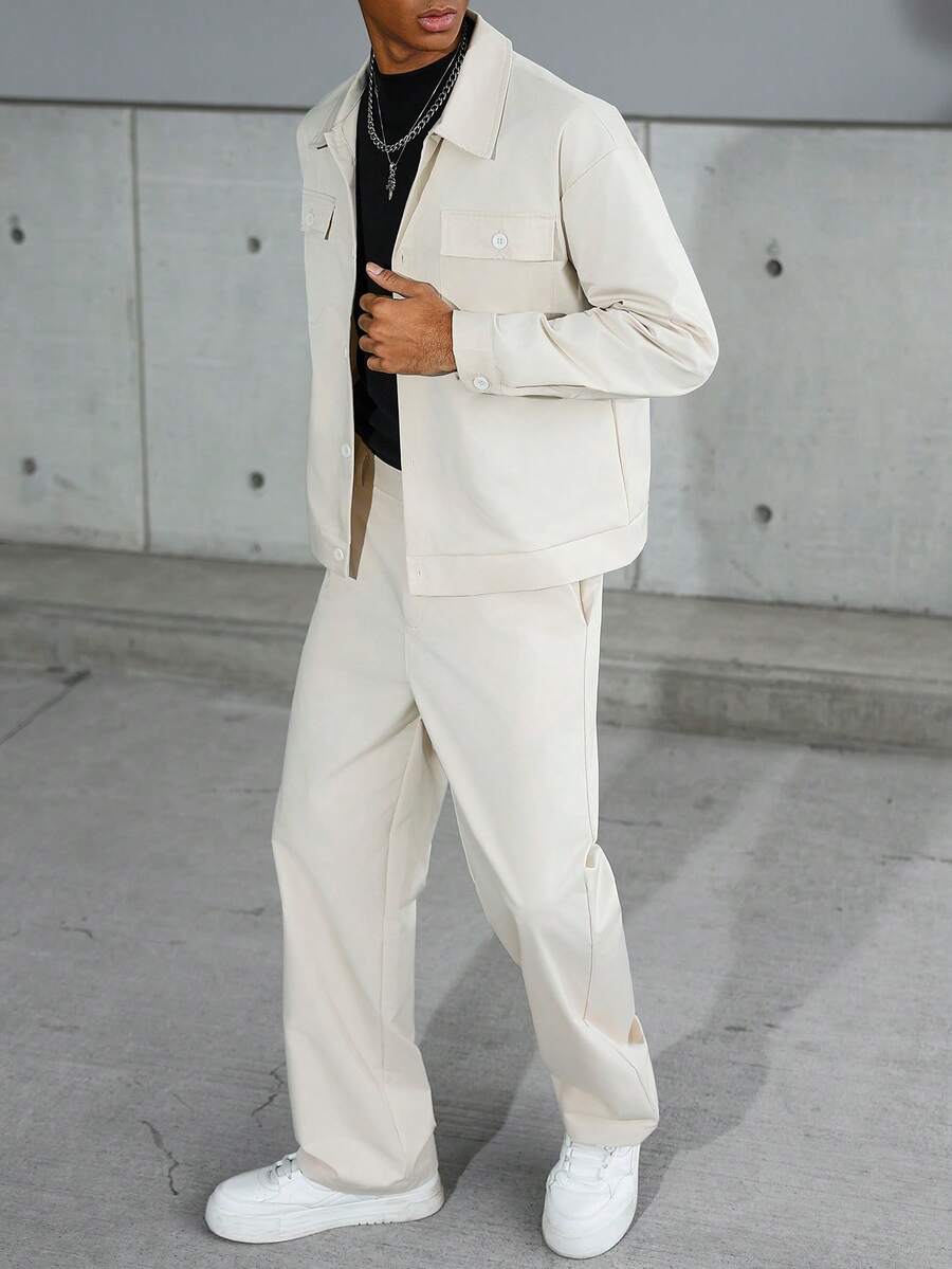 Manfinity Roghcode 年轻休闲男士米色贴袋衬衫套装 - 米色 - 查看 1