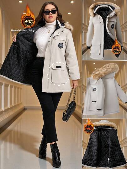 SHEIN Clasi Curve Plus Size Women's Daily Black Contrast Apricot Thick Quilted Lining Hooded Long Sleeve Casual Parka Jacket, High Quality With Quilted Quilted Lining And Pockets Inside,Warm Fur Collar,,Comfortable And Warm From The Cold,,Urve Plus Size Women's Apricot High-Quality Quilted Lining Long Sleeve Long Casual Jacket, Cold-Proof, Warm And Comfortable,2025 New,Winter Clothes For Women,Vintage,Going Out Outfits,Fall Outfits,Trench Coat,Winter For Women,Fall Clothes Plus Size, Office Outfits For Women,Fall Outfits For Women,Classy Outfits For Women,Women's Fall Clothes,Christmas And New Year,Christmas And New Year Costumes,Christmas And New Year Clothes Women,Old Money Style Women,Fall Clothes For Women,Business Casual Woman,Office Outfits For Women,Work Outfits For Women,Business Professional Women,Business Casual Outfits Women,Office Attire For Women,Office Wear,Suitable For Multiple Occasions,Plus Size Women Long Sleeve Pockets Casual Hooded Coat Winter