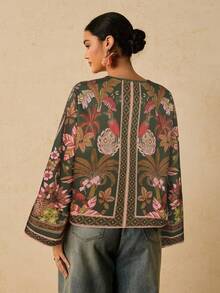 Travachic Plus Size Autumn Vacation Plant Print Front Tie Shirt