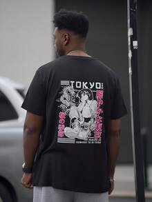 Heavens Edit Herren Lässig Loose Kurzarm T-Shirt, kreatives Tokyo Drache Japanisch Anime Charaktergrafik Muster, atmungsaktiver Rundhalsausschnitt, Alltags Tragen, Kurzarm, modisch - Schwarz - Übersicht 3