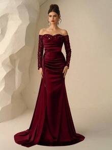 Coutiva 优雅奢华的串珠亮片网纱拼接高开衩荷叶边美人鱼裙，适合婚礼、单身派对、度假、庆典、正式活动（装饰版）、毕业典礼等场合。 - 酒紅色 - 查看 3