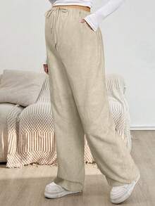 SHEIN Quần dài bà bầu màu trơn đơn giản có dây rút ở eo - Màu Khaki - Xem 6