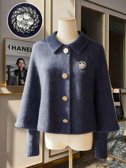 Franclia 女士藏蓝色秋季针织短款假两件式优雅翻领假开襟披肩斗篷，饰有定制钻石装饰、手工缝制纽扣和装饰纽扣，以及日常简约V领直肩长袖修身毛衣，适合秋冬季穿着。