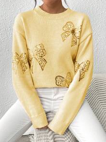 EMERY ROSE Crew Neck Pullover Autumn/Winter Top, Pink Butterfly Sequin Embroidered Sweater - Light Yellow - View 4