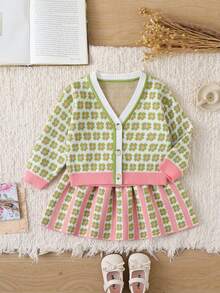 Bộ áo len cardigan dệt kim jacquard nhiều màu họa tiết thu đông cho bé gái - Hồng - Xem 5