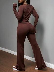 Slaydiva 2025新款秋冬基础休闲学生居家舒适柔软运动跑步瑜伽保暖芭蕾舞少女风吊带背心+长袖绷带上衣+喇叭裤女裤三件套-B - 棕色 - 查看 2