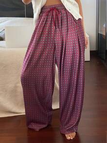 DAZY Plaid Loose Drawstring Waist Wide Leg Women Lounge Pants - Burgundy - View 6