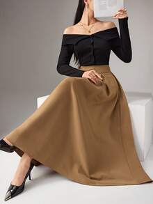 Heiryn Elegant Pleated A-Line Skirt For Commuting Khaki Skirt Women Long Brown Skirt Coffee Brown Skirt Elegant Skirt - Khaki - View 1