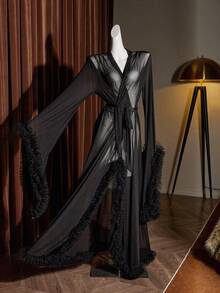 Slumberist Women's Luxury Floral Lace Trim Sheer Long Robe Mesh Robe - Black - View 8