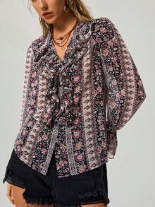 Freevana Áo kiểu nữ cổ điển dáng suông họa tiết hoa nhí xếp nếp, phong cách boho mùa thu, họa tiết paisley đồng quê, lãng mạn miền Tây. - Nhiều màu - Xem 5