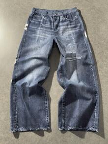 ROMWE MEN Anime Men's Letter & Skull Graphic Wide Leg Casual Jeans - Blue - View 2