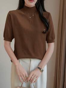 Women's Casual Solid Color Turtleneck Short Sleeve Knit Top, Autumn - Coffee Brown - View 5