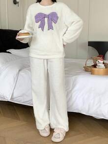 少女睡衣，1 套，毛绒面料蝴蝶图案半开襟宽松睡衣，冬季休闲家居服 - 紫色 - 查看 3