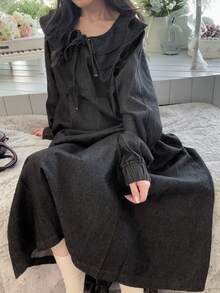 FRIFUL Women's Casual Ruffle Hem Front Tie Denim Dress, Autumn