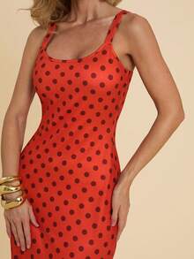 COSMINA 女士优雅波点吊带连衣裙，鱼尾裙摆，适合约会和各种场合，四季皆宜 - 紅色 - 查看 5
