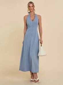COSMINA Denim 女士V领A字牛仔连衣裙，优雅休闲连衣裙，适合工作、日常穿着、机场穿搭，露背牛仔连衣裙 - 藍色 - 查看 1