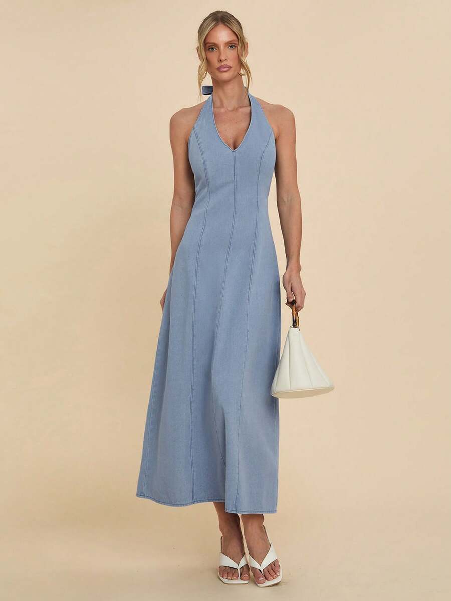 COSMINA Denim 女士V领A字牛仔连衣裙,优雅休闲连衣裙,适合工作、日常穿着、机场穿搭,露背牛仔连衣裙 - 藍色 - 查看 1