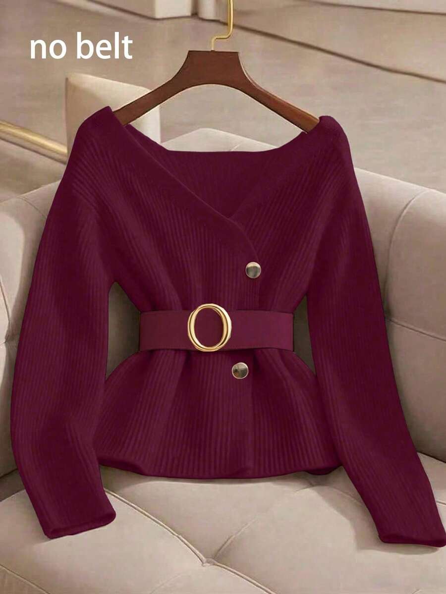 Franclia New Elegant V-Neck Design Solid Color Pullover Sweater For Women, Versatile For Autumn - Burgundy - View 1