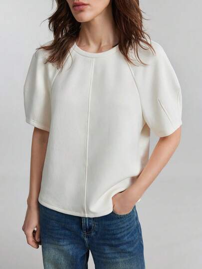 Ontre 女士浅杏色亚麻质感舒适弹力面料圆领插肩袖H字型设计，袖口收褶，胸衣拼接装饰，现代都市休闲商务通勤高品质机场服装，圆领T恤系列