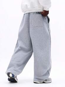 SUMWON 宽松褶皱运动裤，饰有品牌标志刺绣，休闲舒适，抽绳设计，抓绒面料，冬季居家休闲服，纯色款 - 灰色 - 查看 3