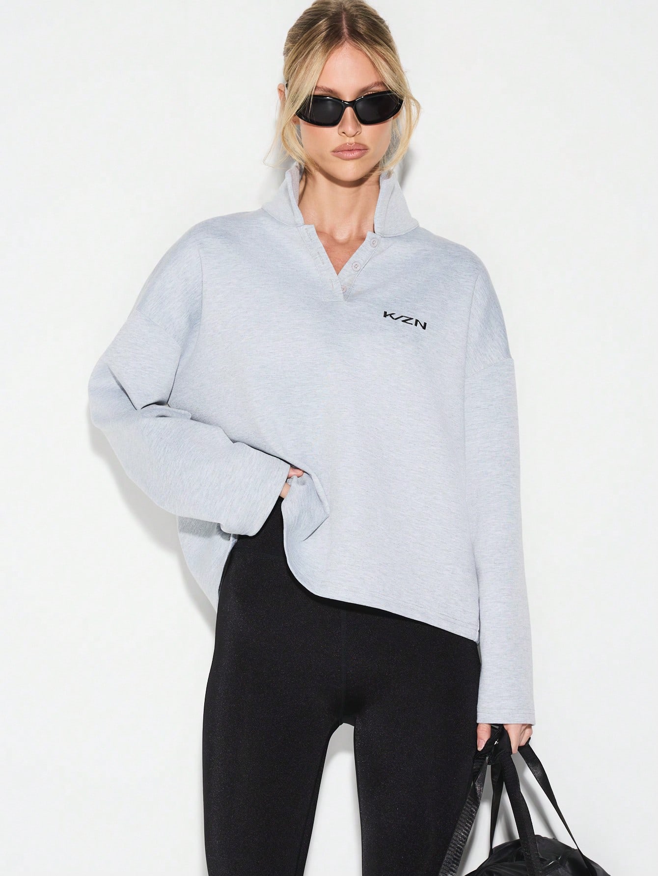 KIZN Grey Heathered Collared Sweatshirt With Logo