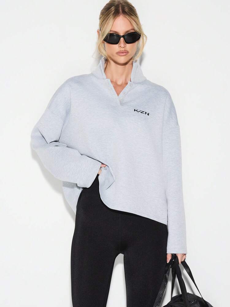 KIZN Grey Heathered Collared Sweatshirt With Logo